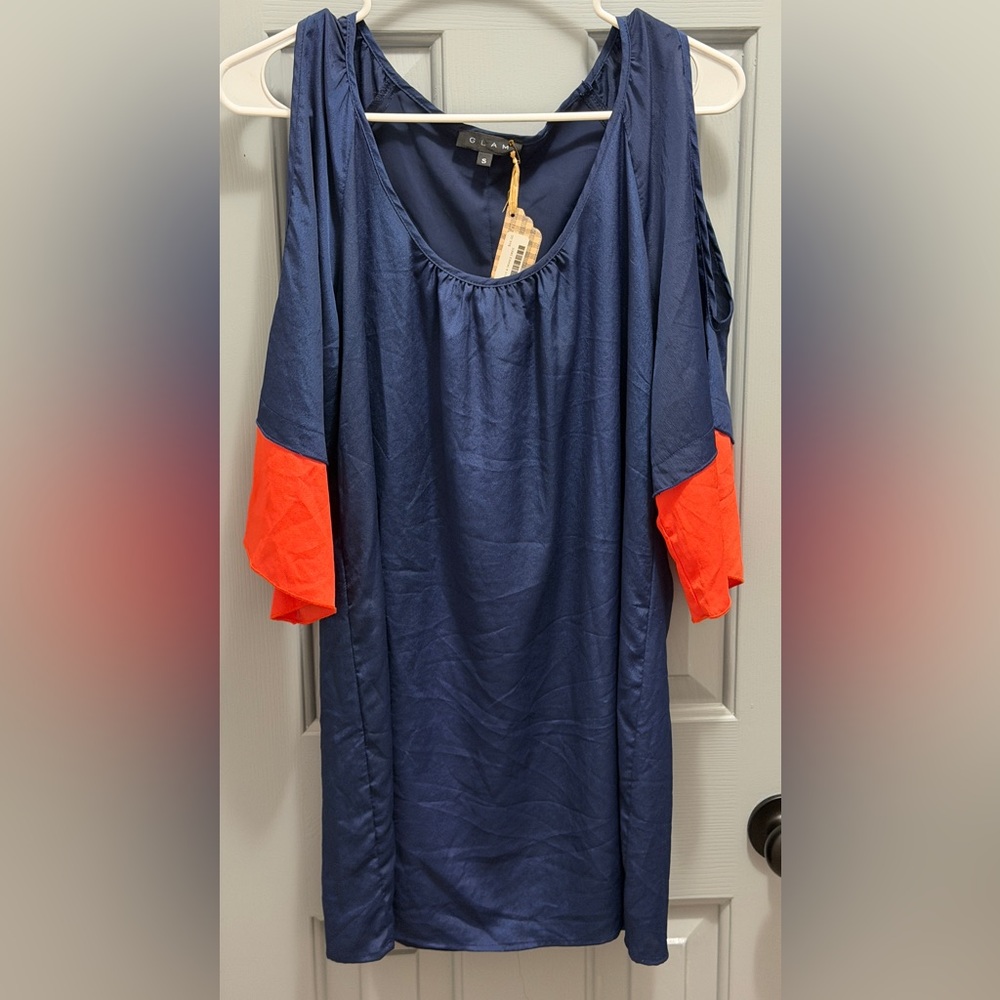 NEW GLAM Game Day Slip Dress with Cut Out Sleeves, Orange & Navy Blue Small